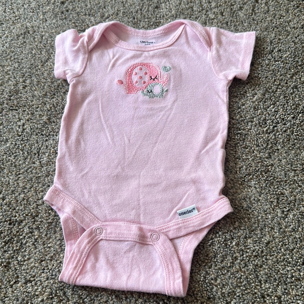 Gerber size 0-3 months pink with pink and silver elephants and heart